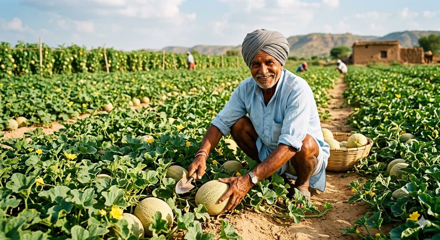 Farmer holding a freshly picked muskmelon